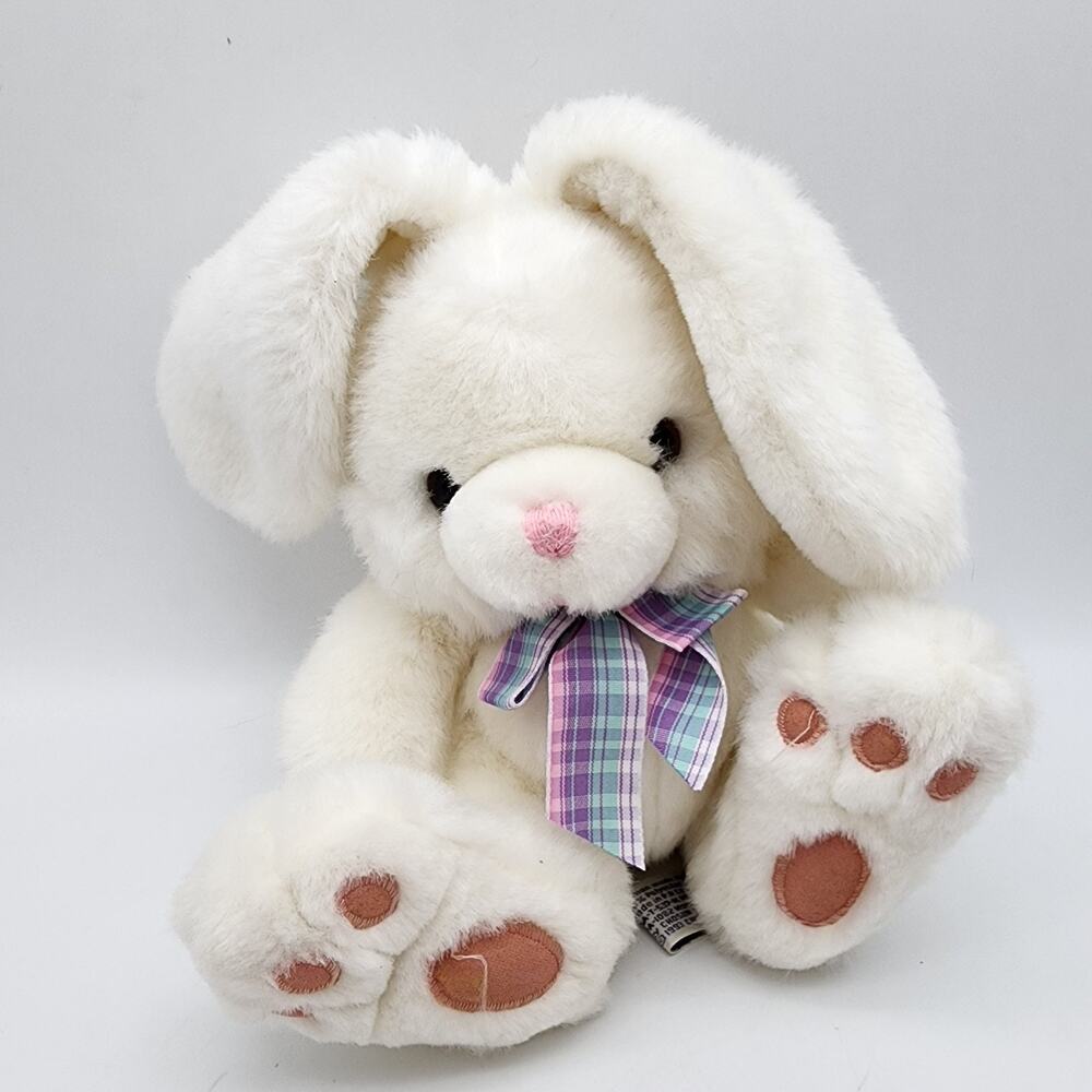 Vintage Chosun White Bunny Rabbit Plush Stuffed Toy 9" Plaid Bow Long Ears 1993